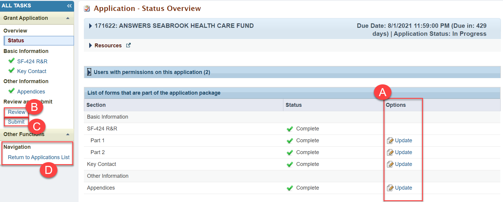 Screenshot of Application - Status Overview for Application Owners
