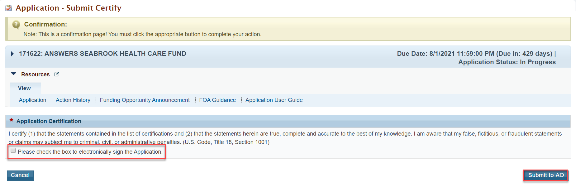 Screenshot of Application - Submit Certify page for Application Owner