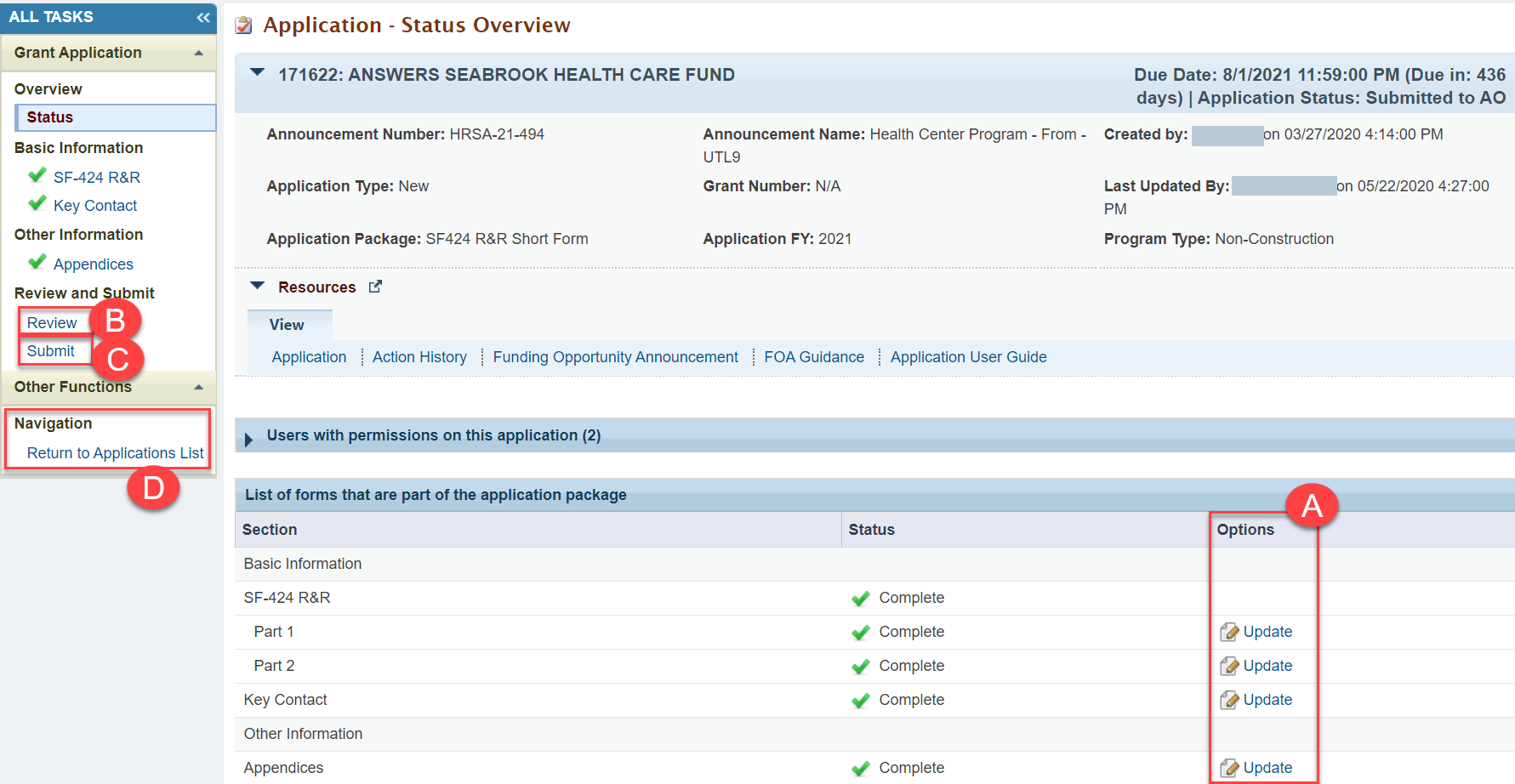 Screenshot of the Application - Status Overview page for AOs