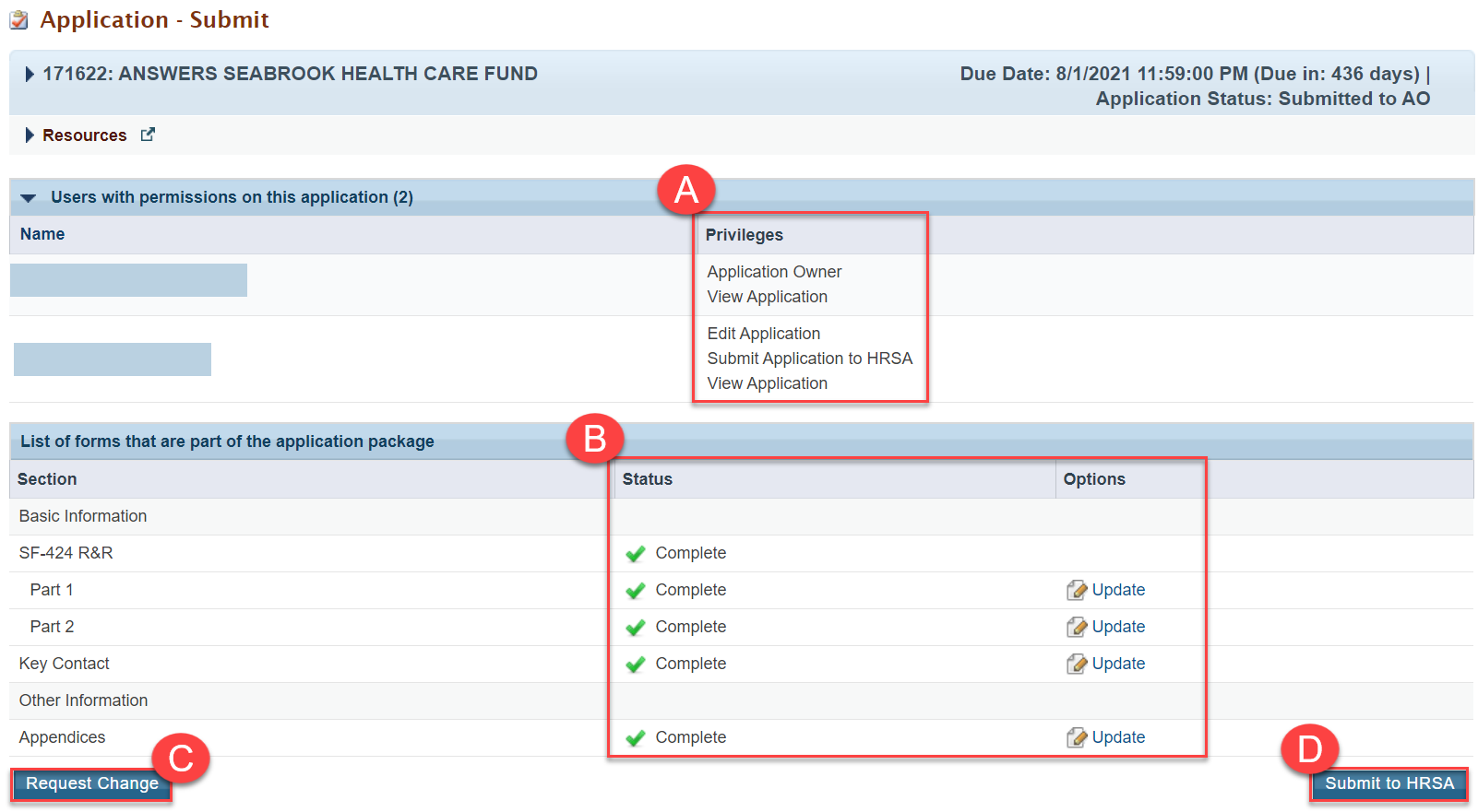 Screenshot of the Application - Submit page for for AOs to request change or submit to HRSA