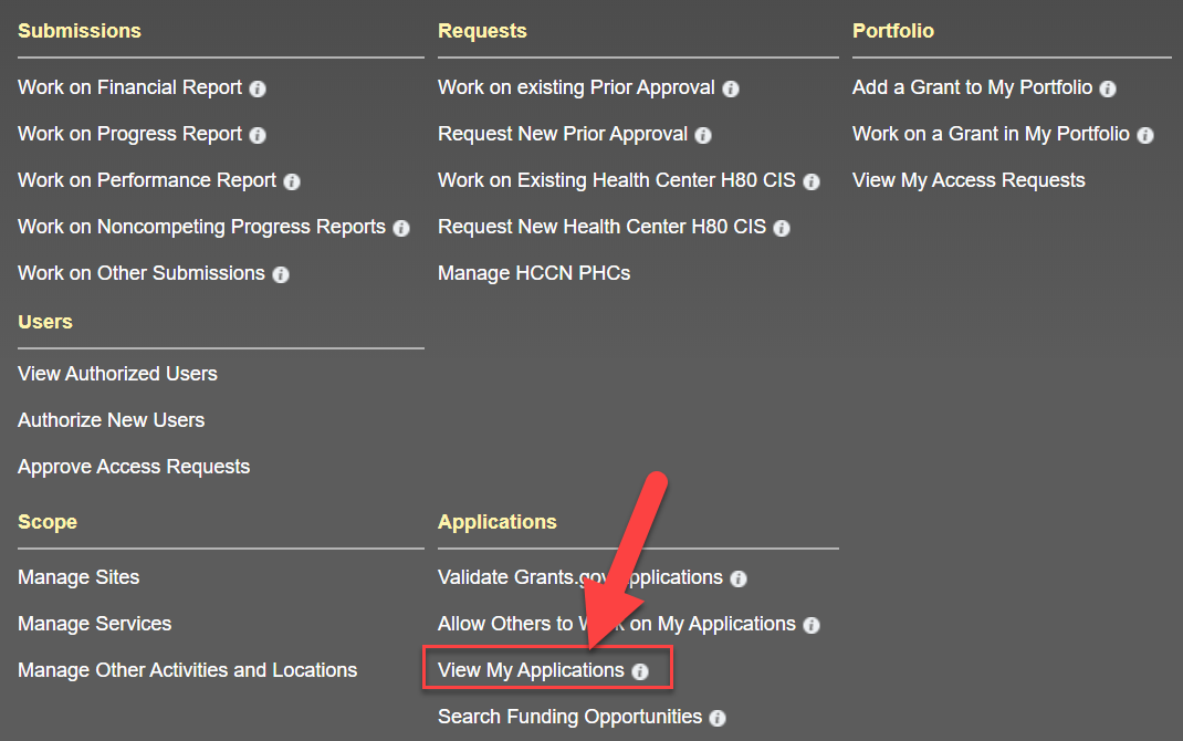 Screenshot of Grants list showing View My Applications