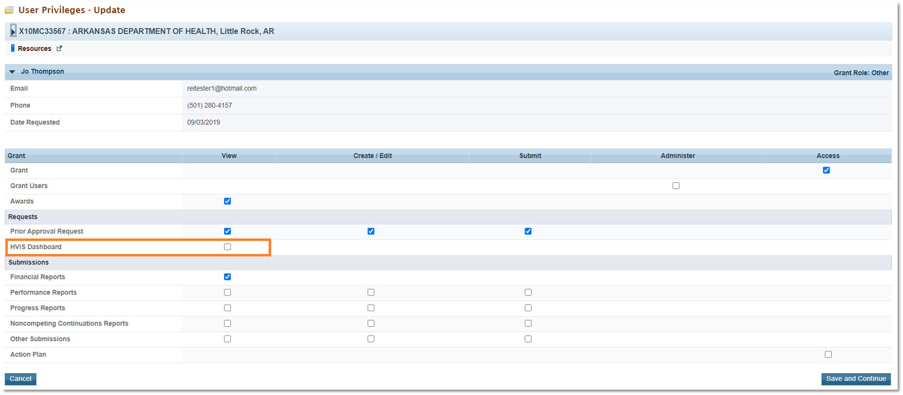 Screenshot of Managing Privileges in the EHBs