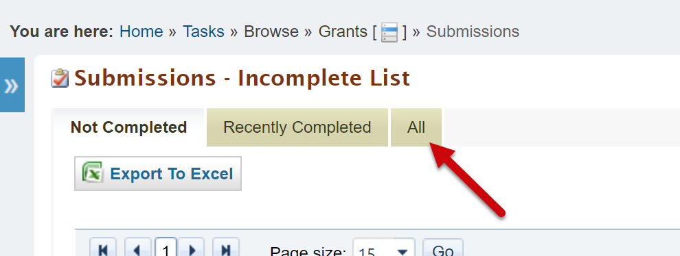 Submissions Incomplete List All tab