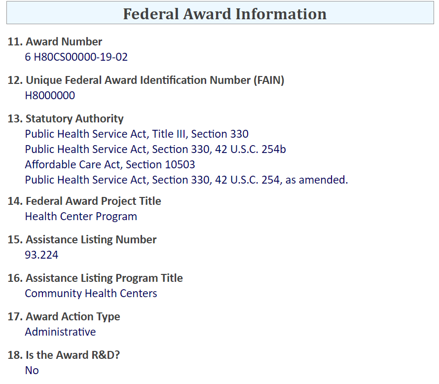 Screenshot of Federal Award Information