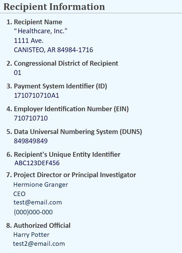 Screenshot of the Recipient Information section of the NoA