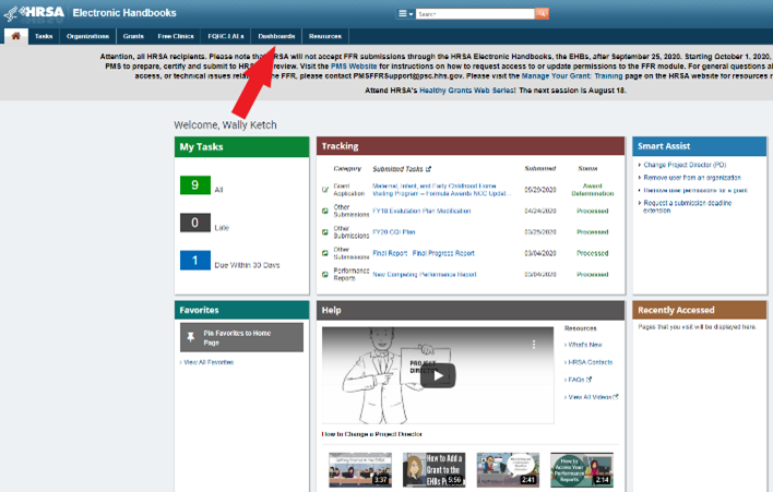 Screenshot of EHBs homepage showing Dashboards tab