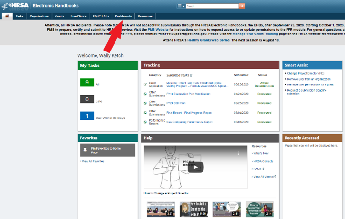 Screenshot of the EHBs home page showing Dashboard tab