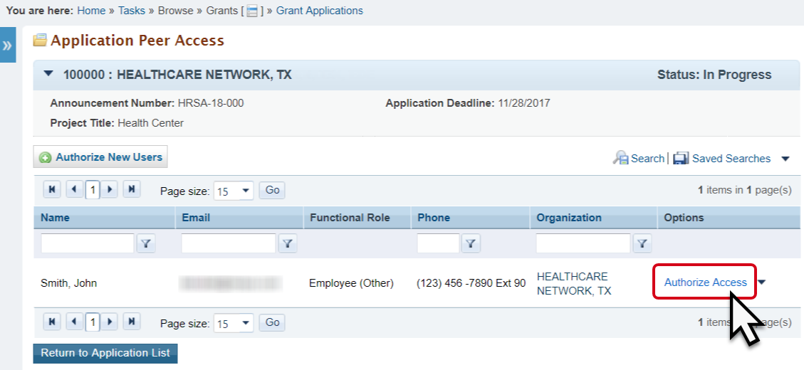 Screenshot of Authorize Access link