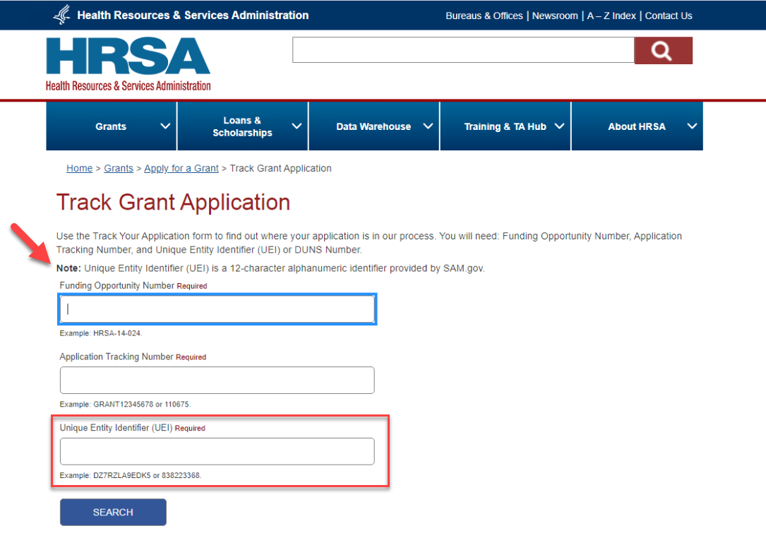 Screenshot of Track Grant Application page
