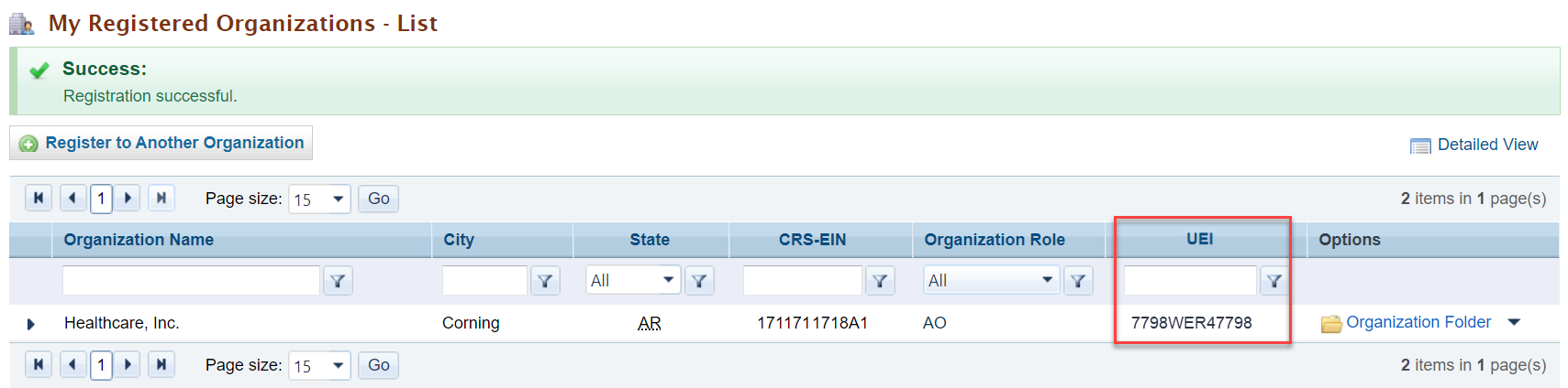 Screenshot of the My Registered Organizations List page