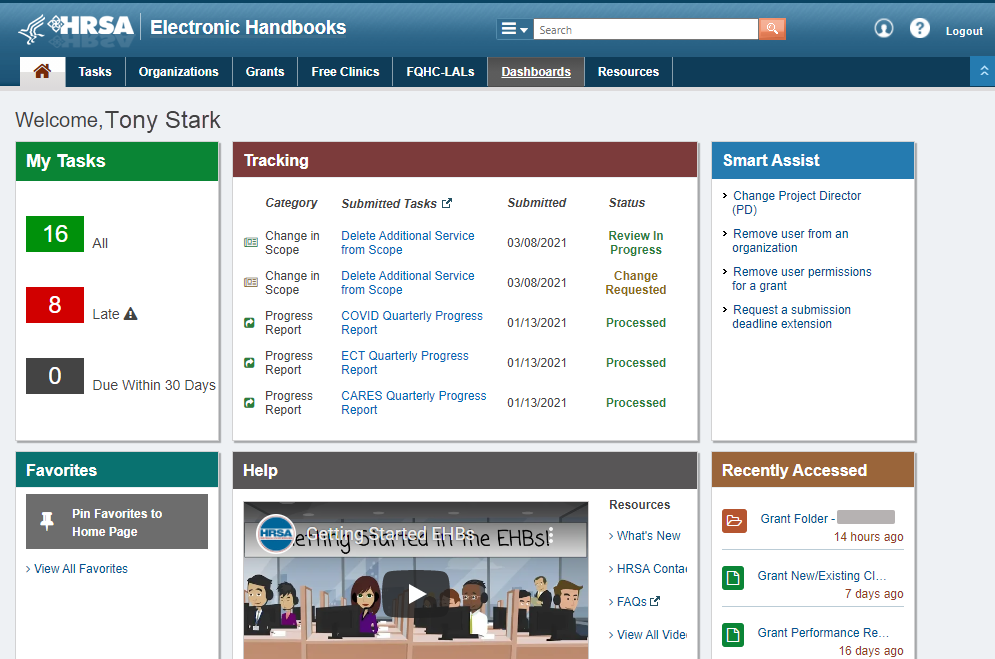 Screenshot of the EHBs home page showing Dashboard tab