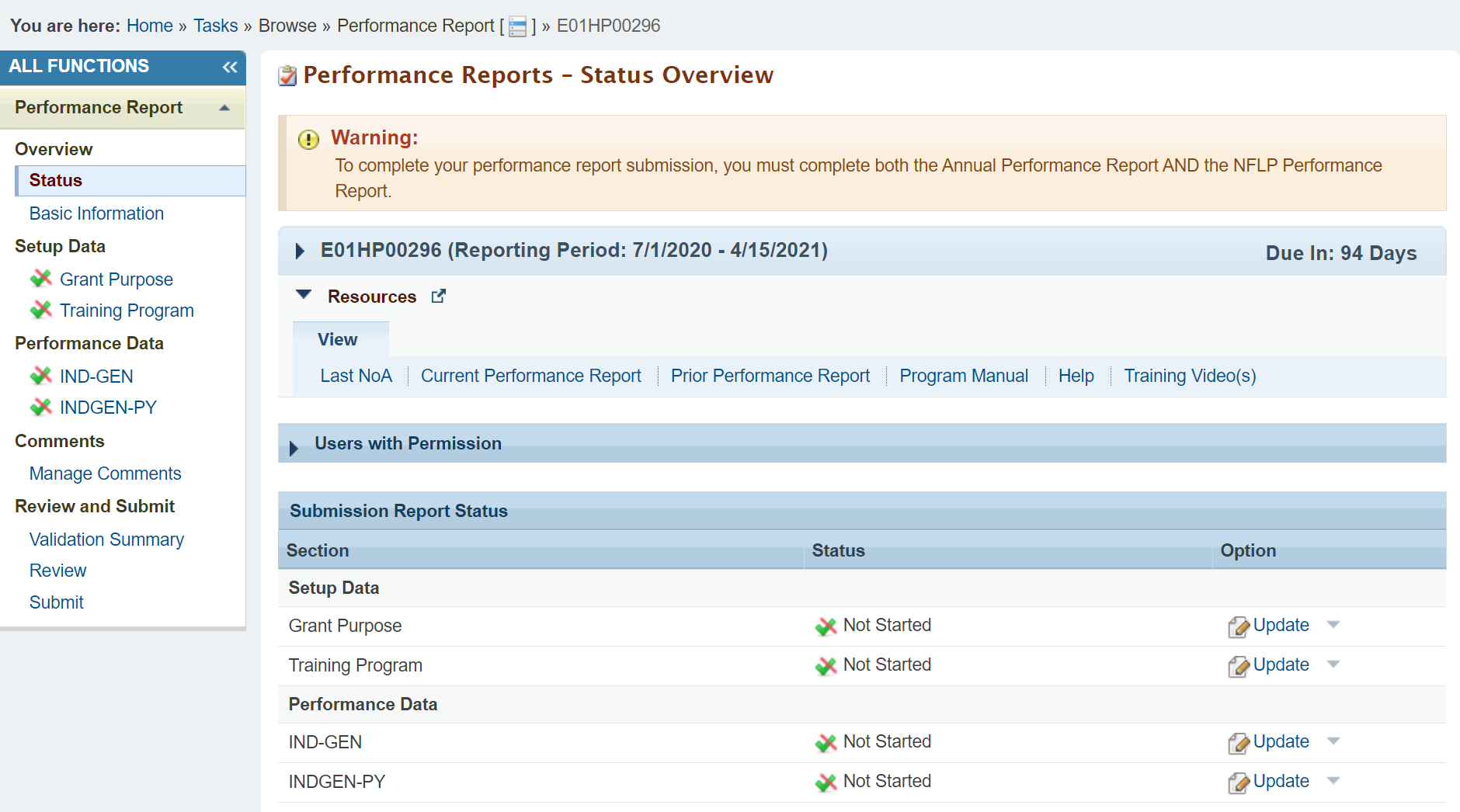 Screenshot of the Performance Reports Status Overview page