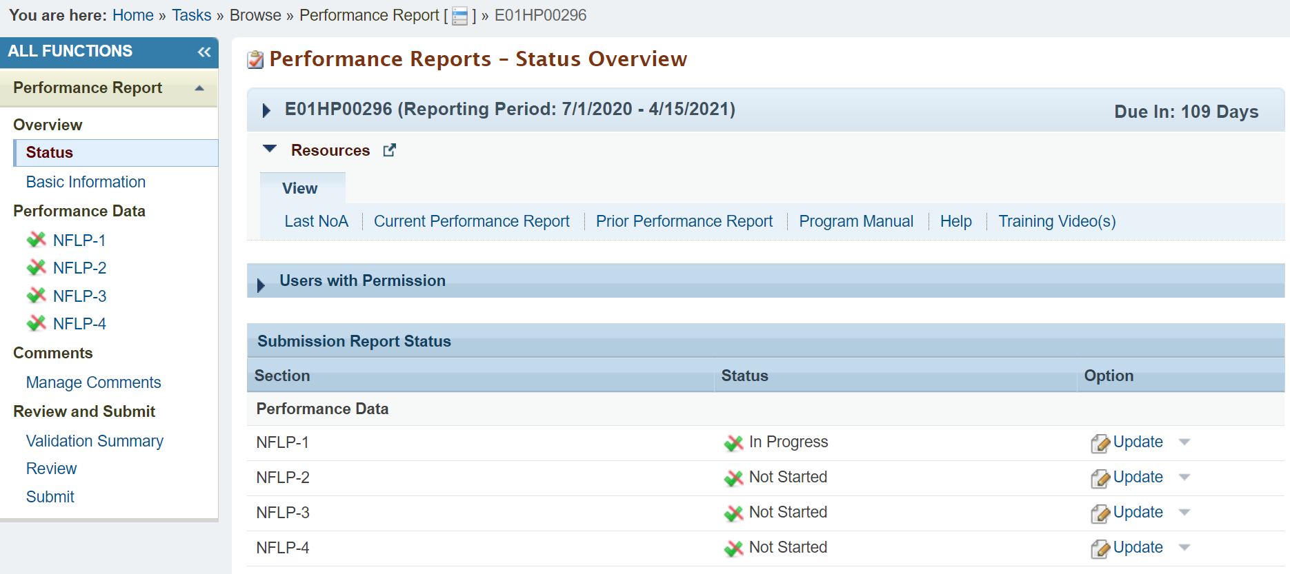 Screenshot of the Performance Report Status Overview page for the NFLP deliverable 
