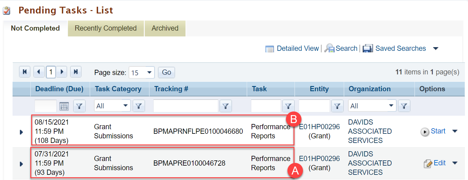 Screenshot of the Pending Tasks List page showing the two different Annual Performance Report devlierables