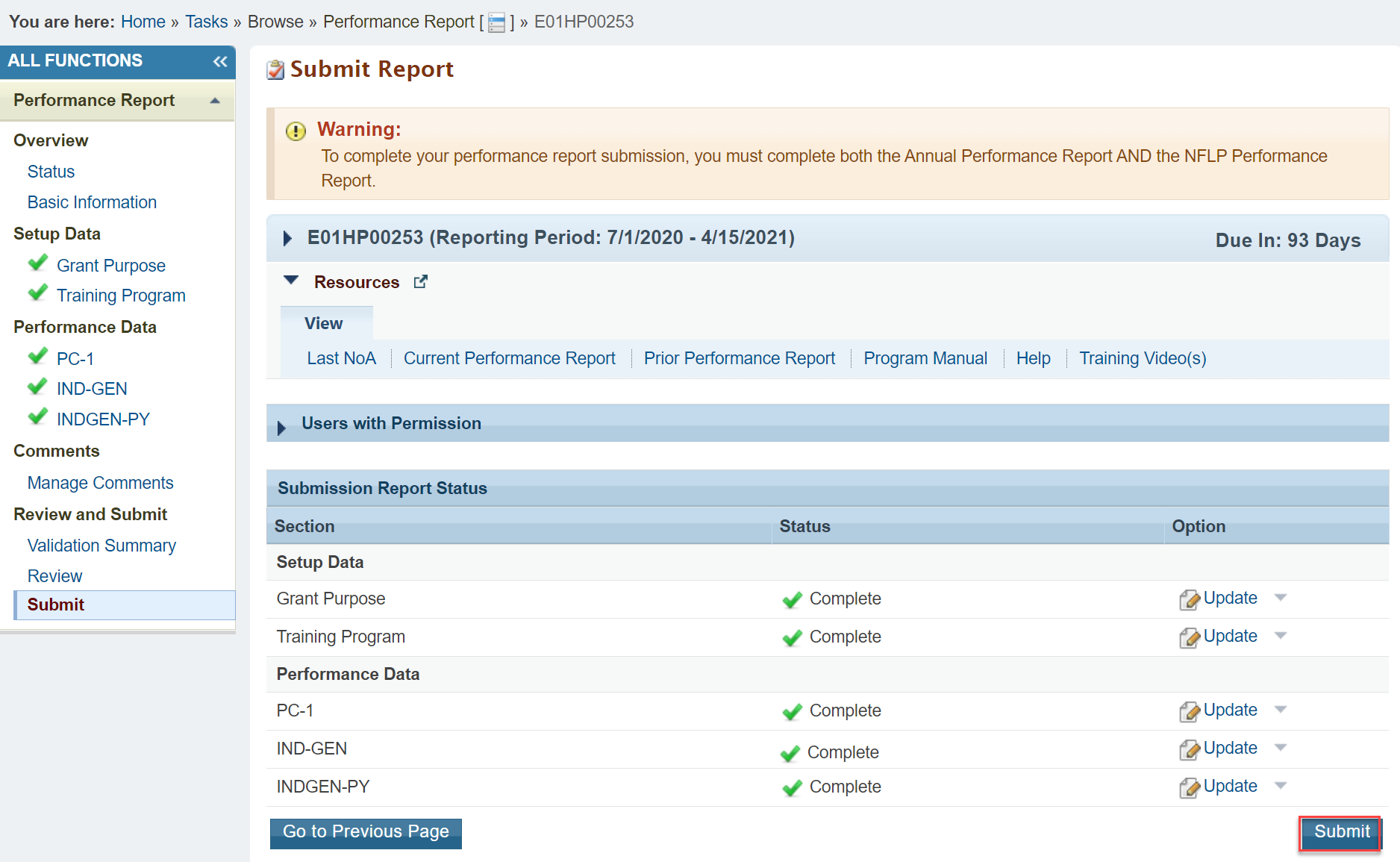 Screenshot of the Submit Report Page showing the Submit button