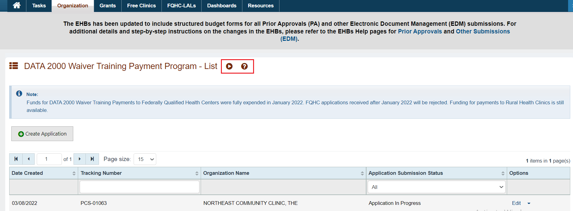 Screenshot of the Data 2000 Waiver Training Payment Program page showing help page and video buttons