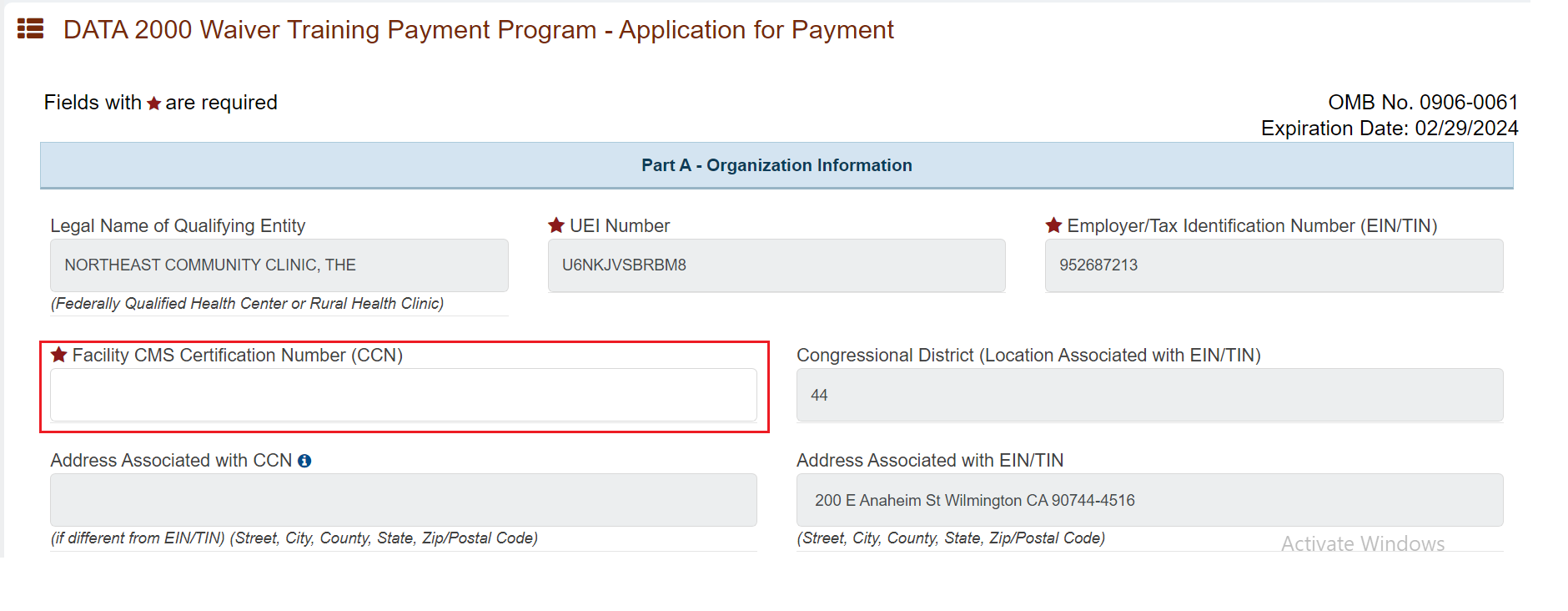 Screenshot of the Application for Payment page showing CCN