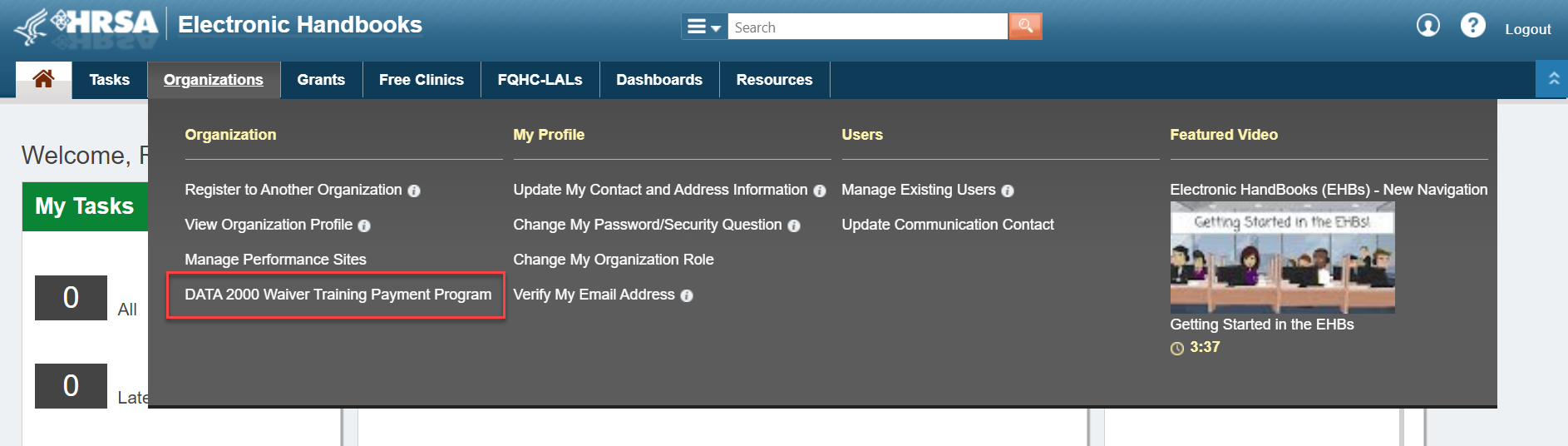 Screenshot of Organizations tab drop down list showing DATA 2000 Waiver Training Payment Program option