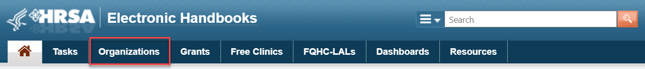 Screenshot of the Organizations tab on the header bar