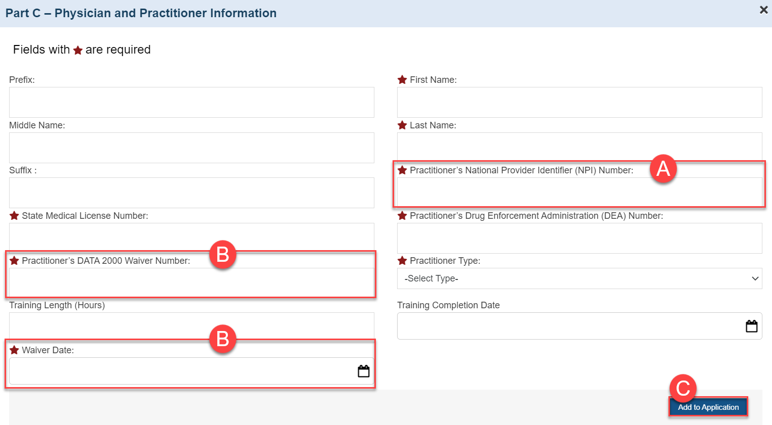 Screenshot of Physician and Practitioner Information form