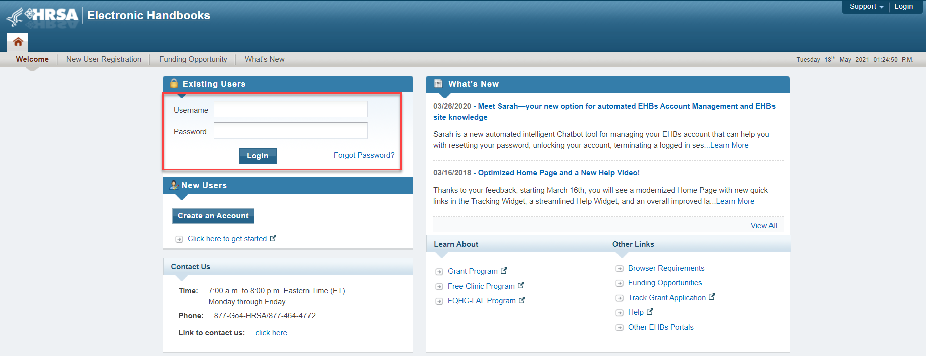 Screenshot of EHBs log in page