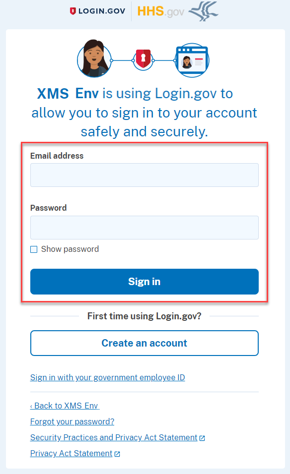 Screenshot of the Login.gov and XMS login page