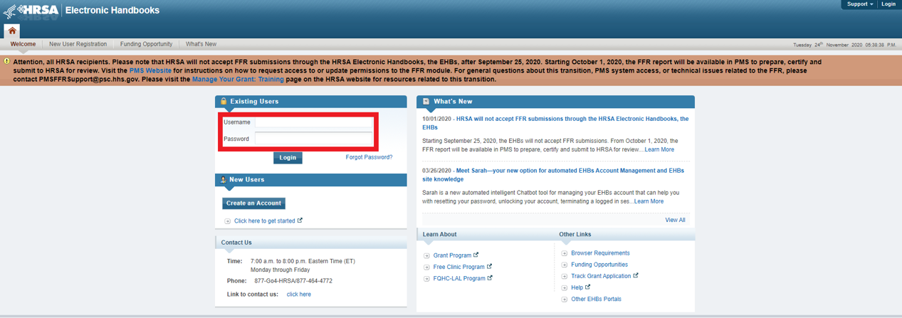 Screenshot of EHBs login page