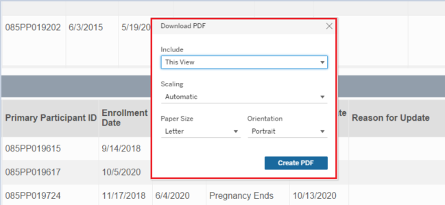 Screenshot of the Create PDF window