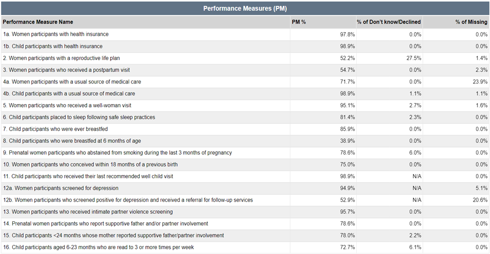 Screen shot of Performance Measures PM Table