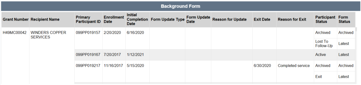 Screenshot of the Background Form Table