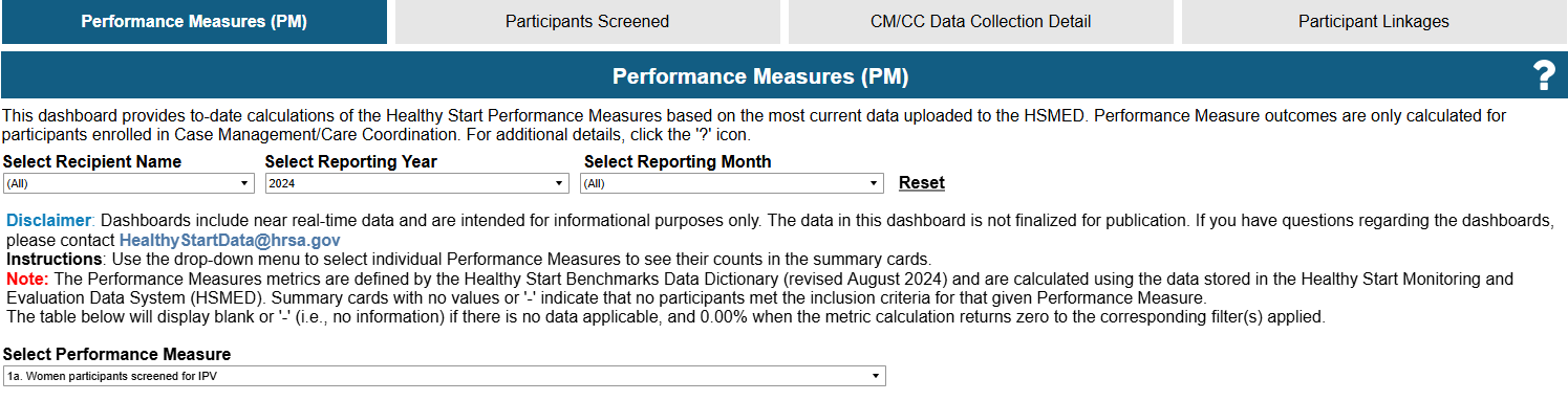 Screenshot of Performance Measures Table
