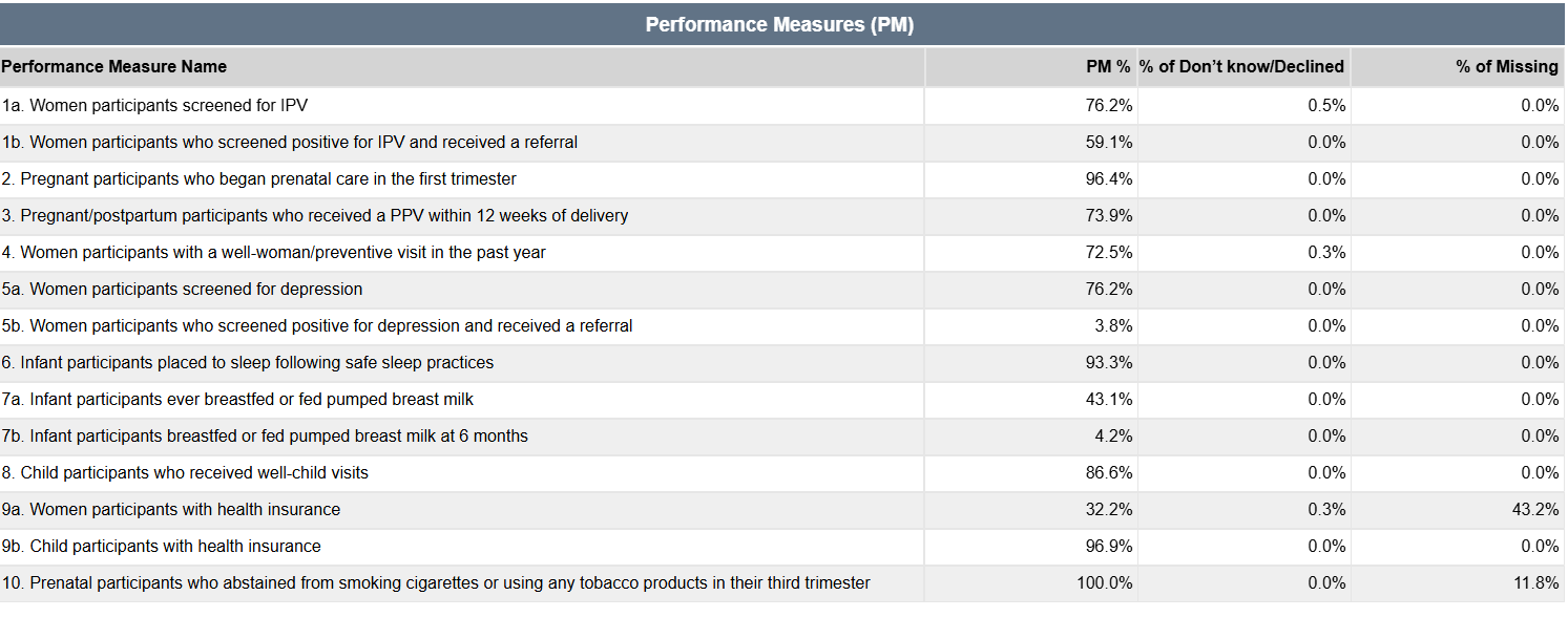 Screenshot of Performance measures table