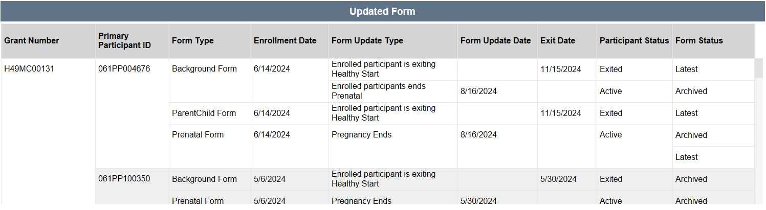 Screenshot of Updated form table