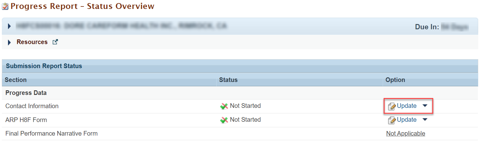 Screenshot of the Progress Report Status Overview page