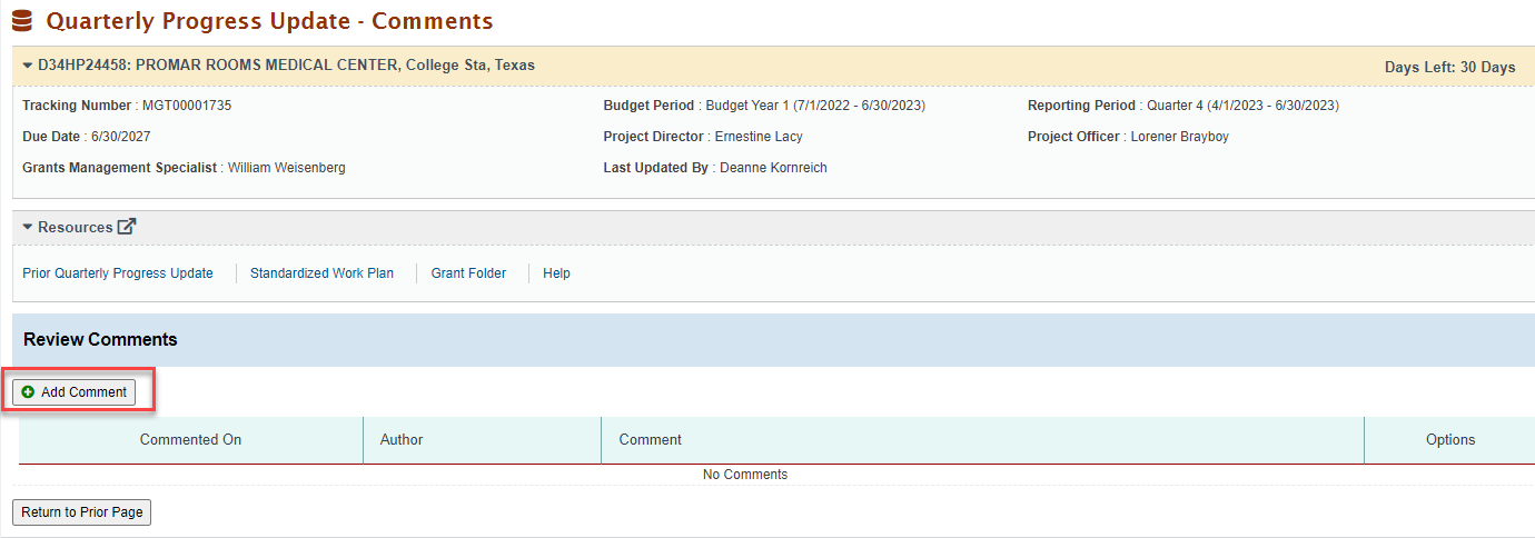 Screenshot of Comments Page