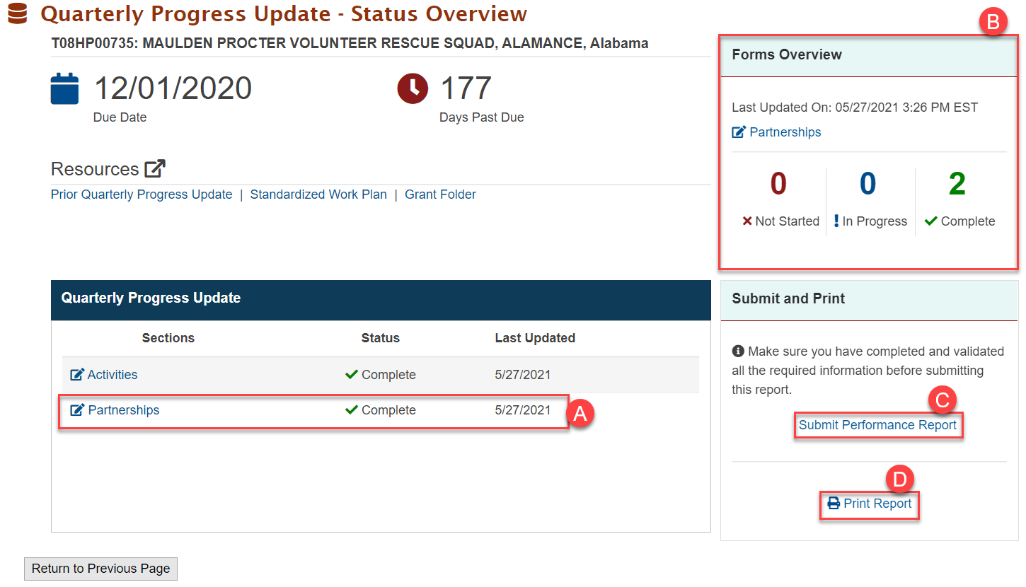 Screenshot of the Status Overview page showing completed Partnerships