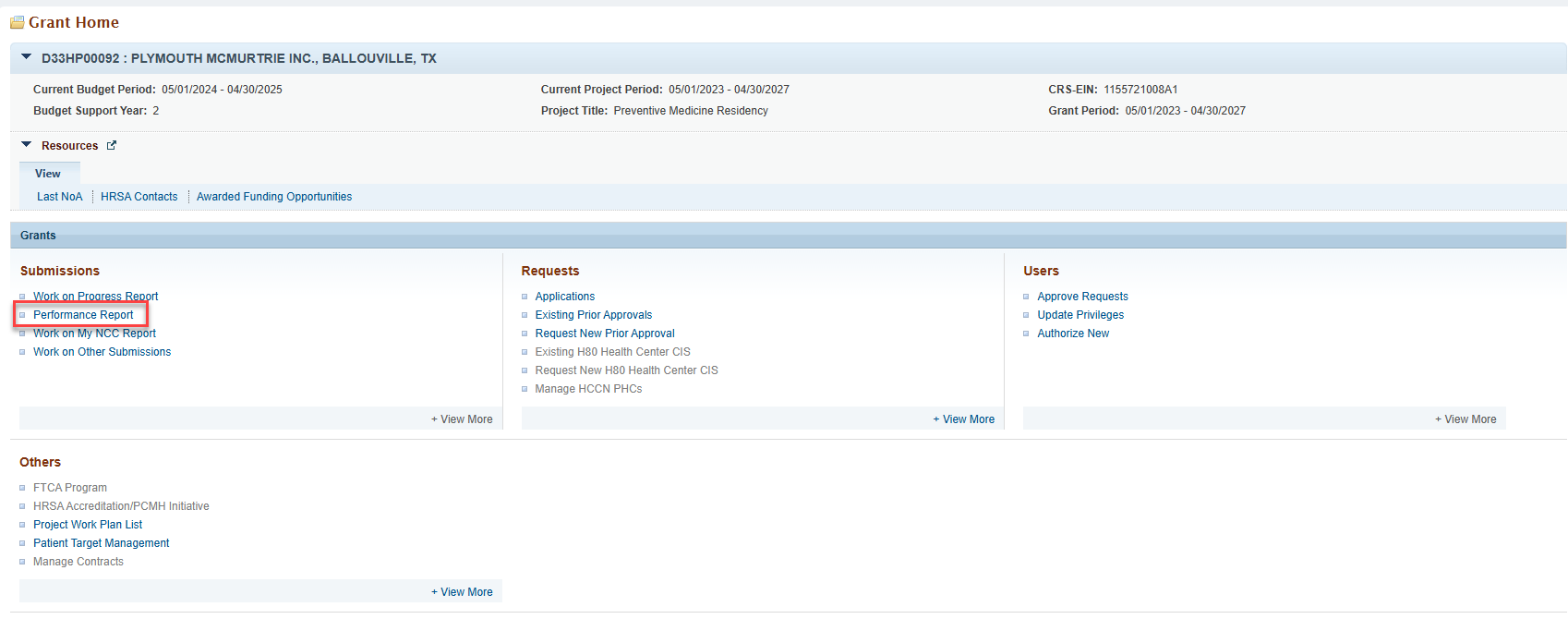 Screenshot of Grants Home page Performance report link