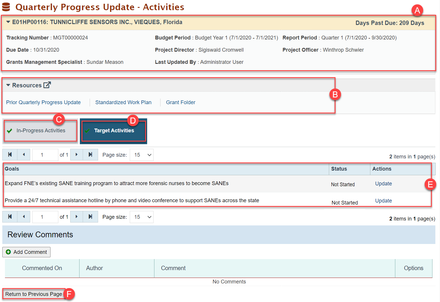 Screenshot of the Quarterly Progress Update Activities page showing page features