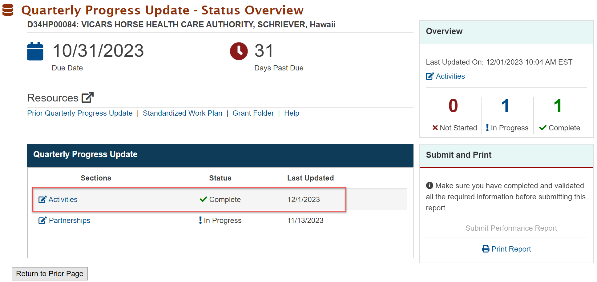 Screenshot of Status overview page