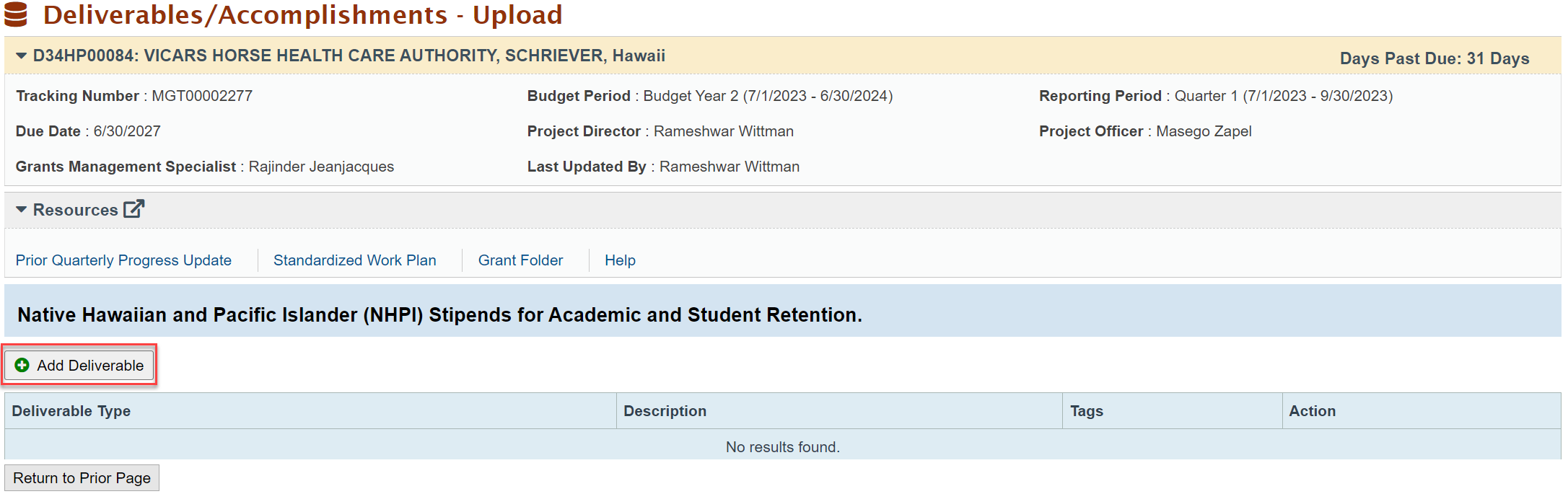 Screenshot of Upload Page Add Deliverables