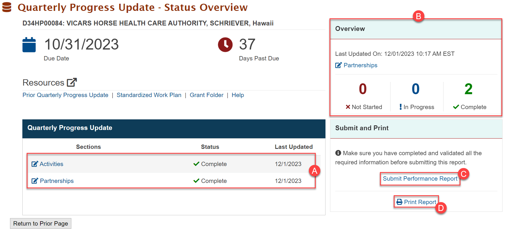 Screenshot of Status Overview Page