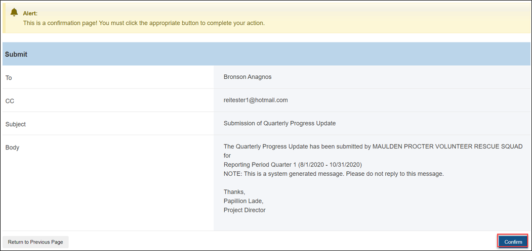 Screenshot of the Submit report confirmation page