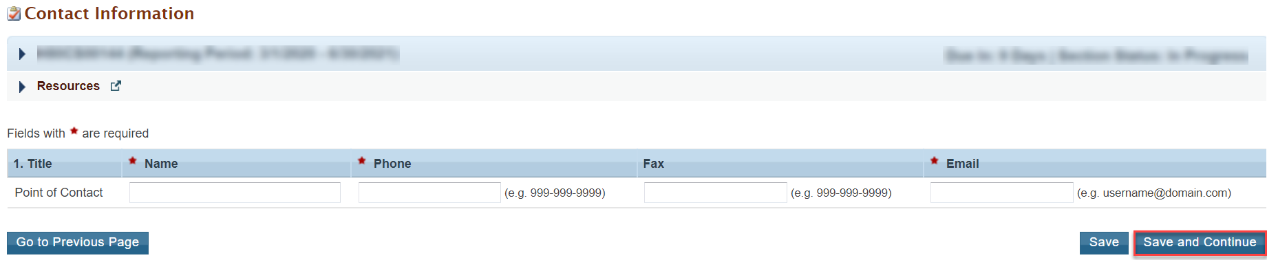 Screenshot of the Contact Information section showing Save and Continue button
