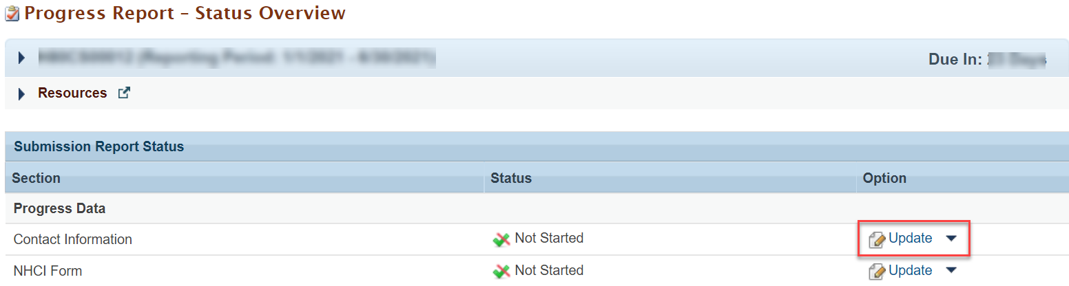 Screenshot of the Progress Report Status Overview page showing update option
