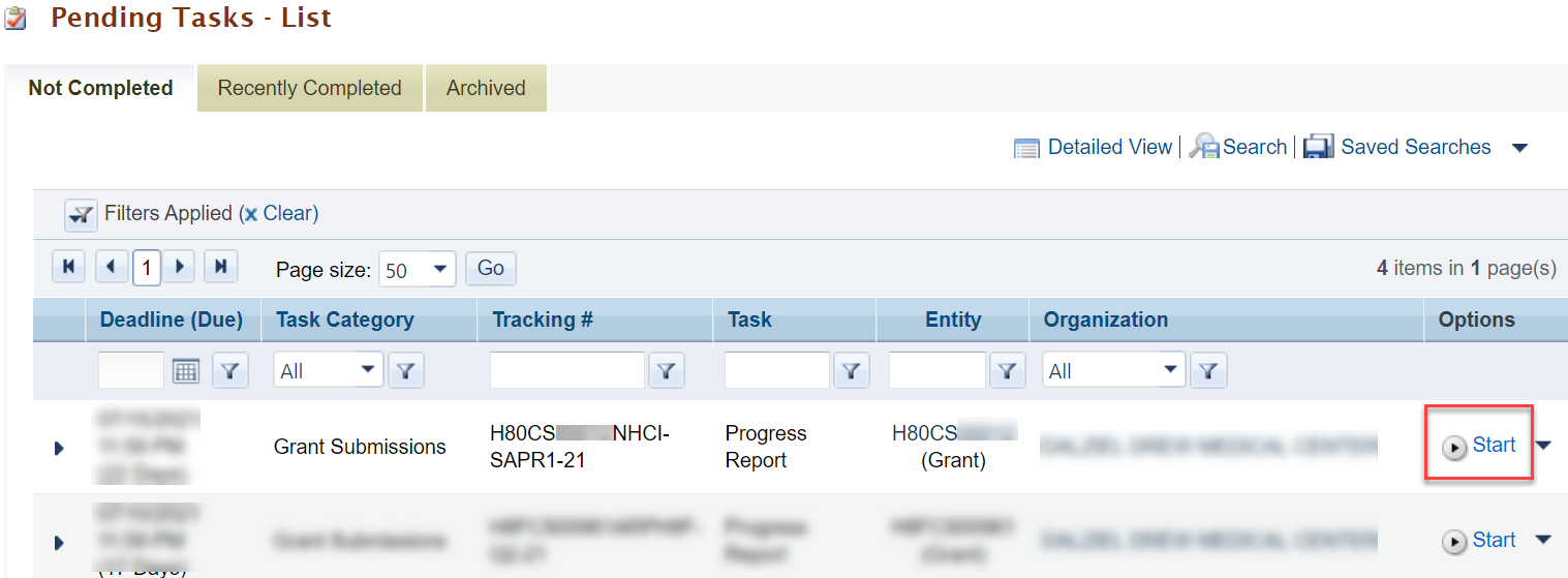 Screenshot of the Pending Tasks List page showing Start option