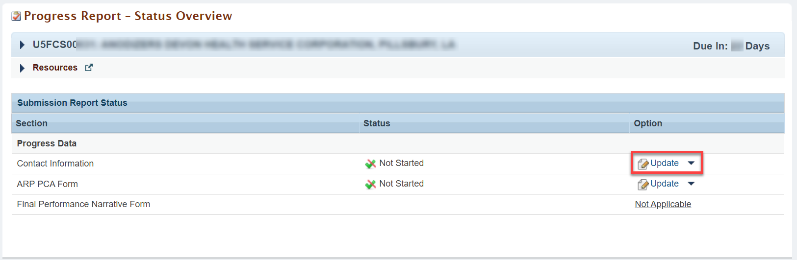 Screenshot of the Progress Report Status Overview page