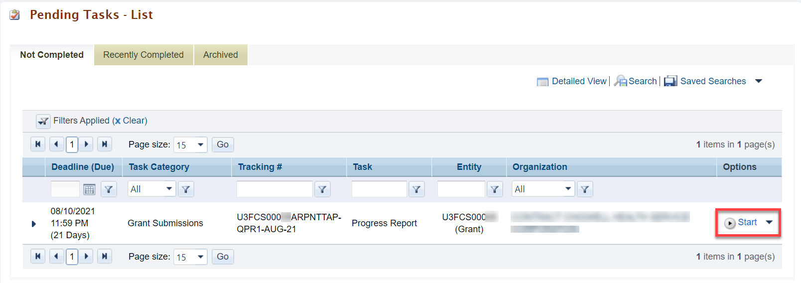 Screenshot of the Pending Tasks List page showing Start option