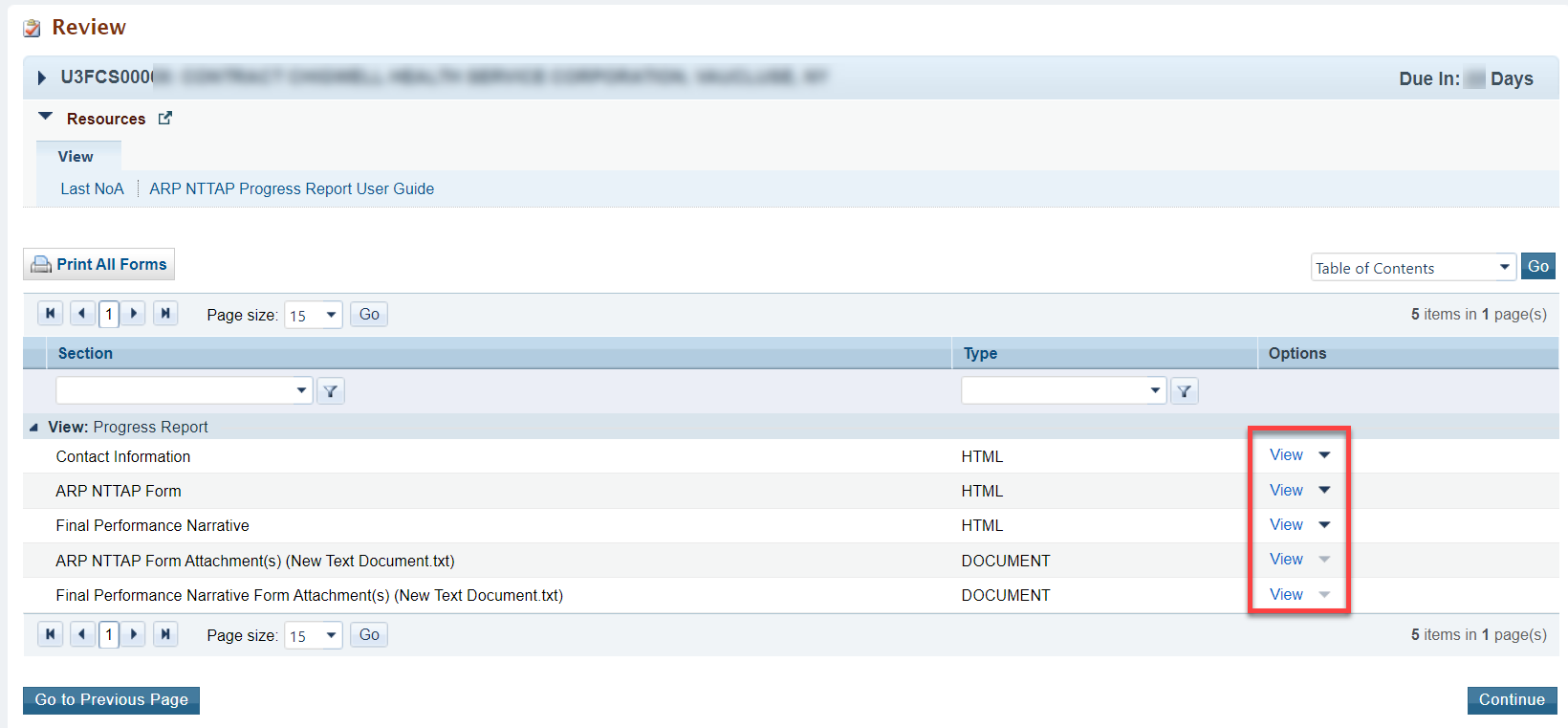 Screenshot of the Review page showing Continue button