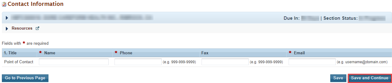 Screenshot of the Contact Information section showing the Save and Continue button