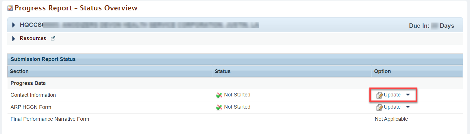 Screenshot of the Progress Report Status Overview page